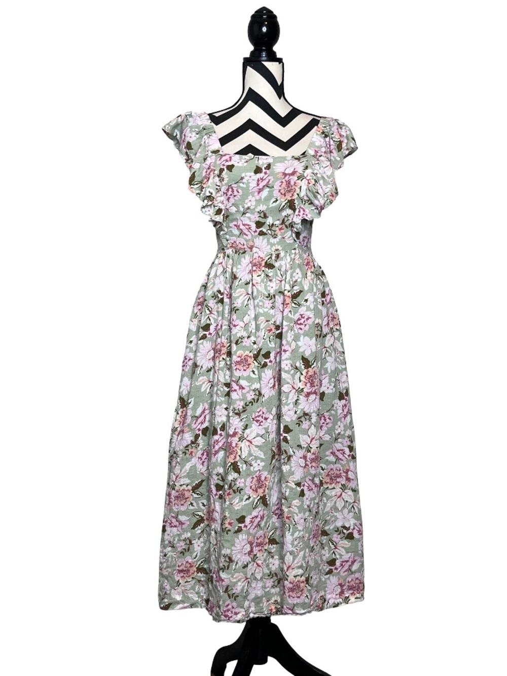 En Saison Maris Garden Party Square Neckline Floral Ruffle Midi Dress Sz S